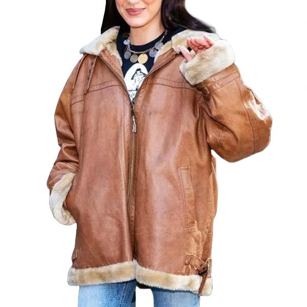 Unwind Leather Bella Hadid Brown Oversized Shearling Leather Jacket on a white background