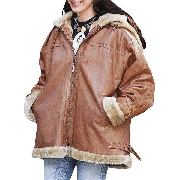 Unwind Leather Bella Hadid Brown Oversized Shearling Leather Jacket on a white background