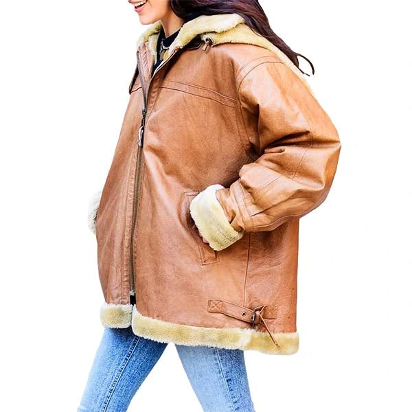 Unwind Leather Bella Hadid Brown Oversized Shearling Leather Jacket on a white background
