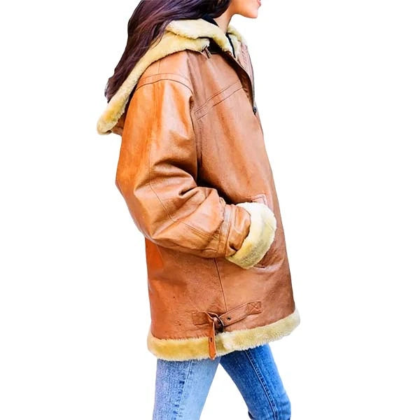 Unwind Leather Bella Hadid Brown Oversized Shearling Leather Jacket on a white background