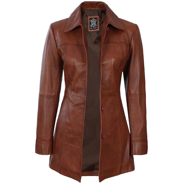 Bitonto Cognac Brown Leather Coat For Women