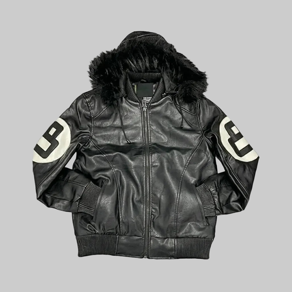 Black Hooded Sheepskin Leather Bomber Jacket For Men