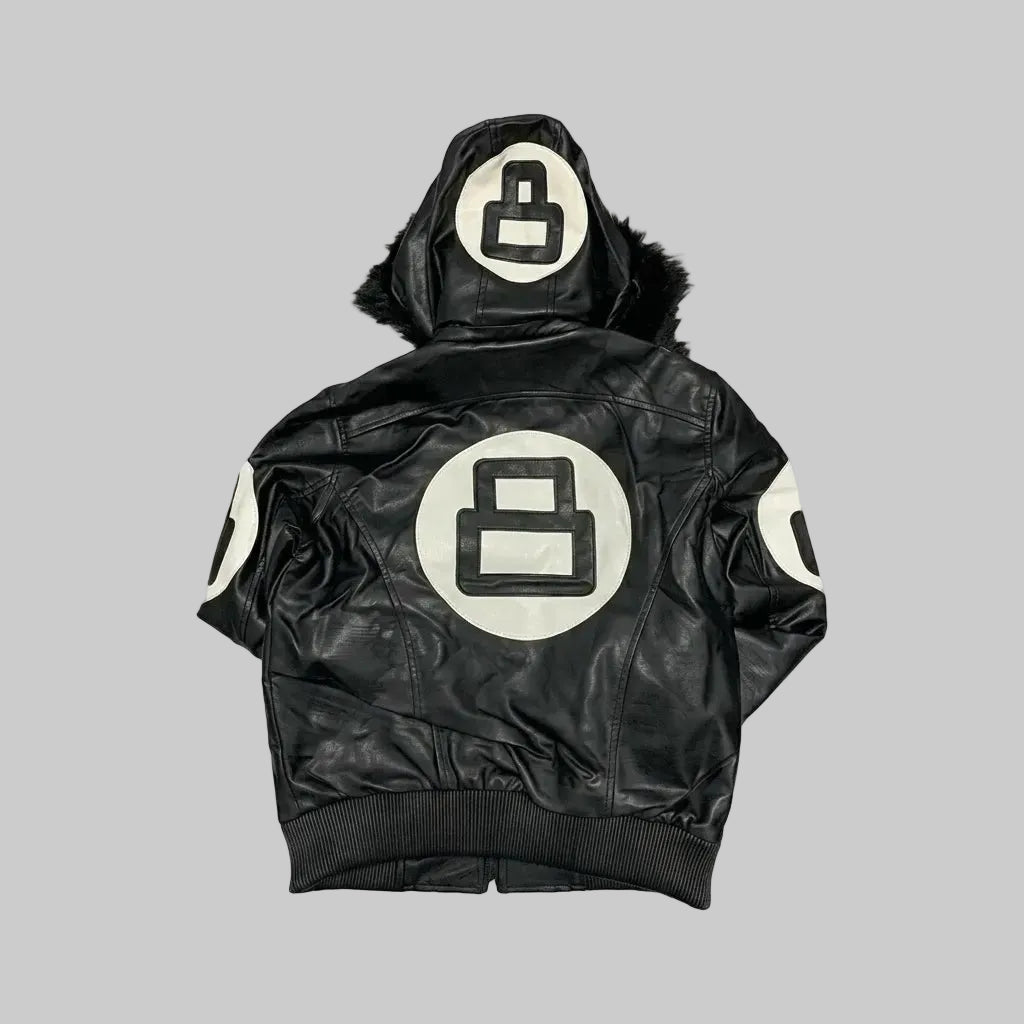 Black Hooded Sheepskin Leather Bomber Jacket For Men