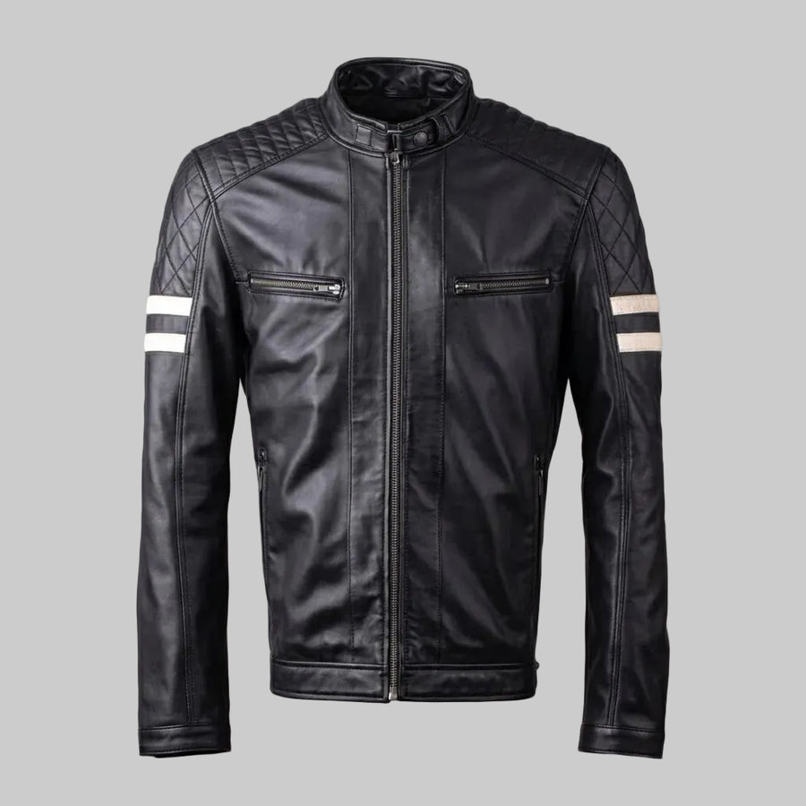 Black Sheepskin Leather Cafe Racer Jacket For Men