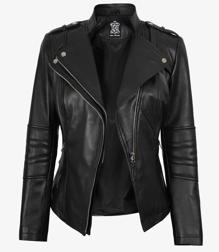 Women's Black Lambskin Leather Biker Style Jacket