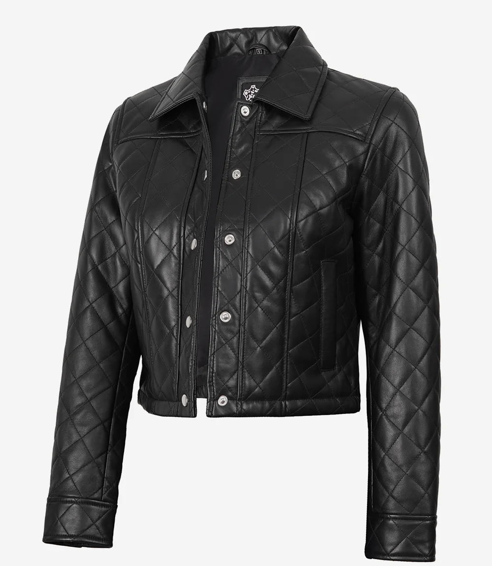 Women’s Black Cropped Quilted Real Lambskin Leather Jacket