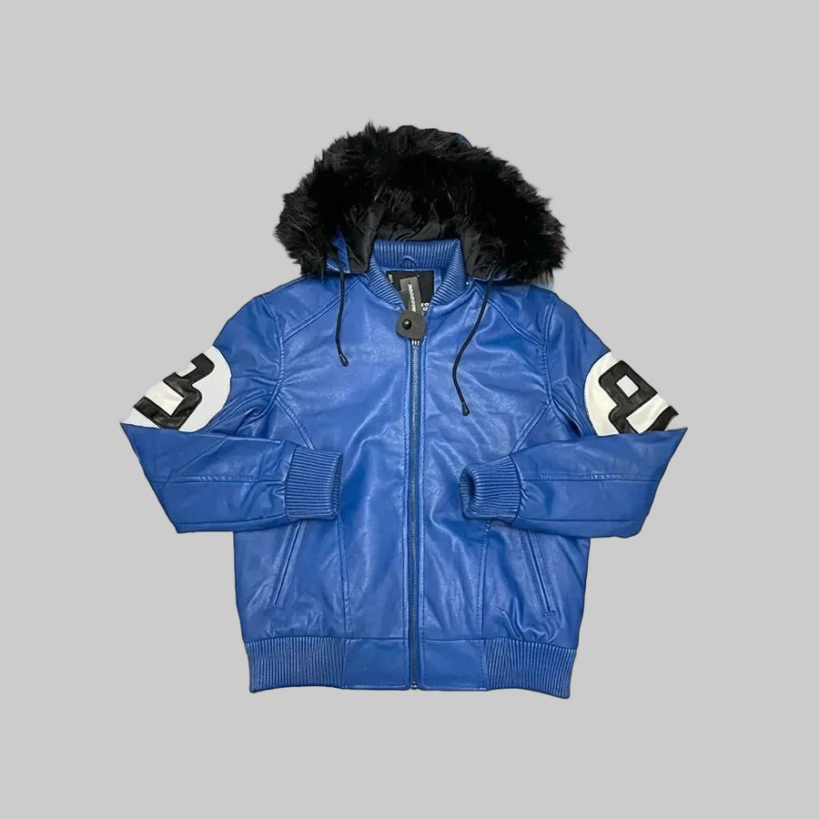 Blue Hooded Sheepskin Leather Bomber Jacket For Men