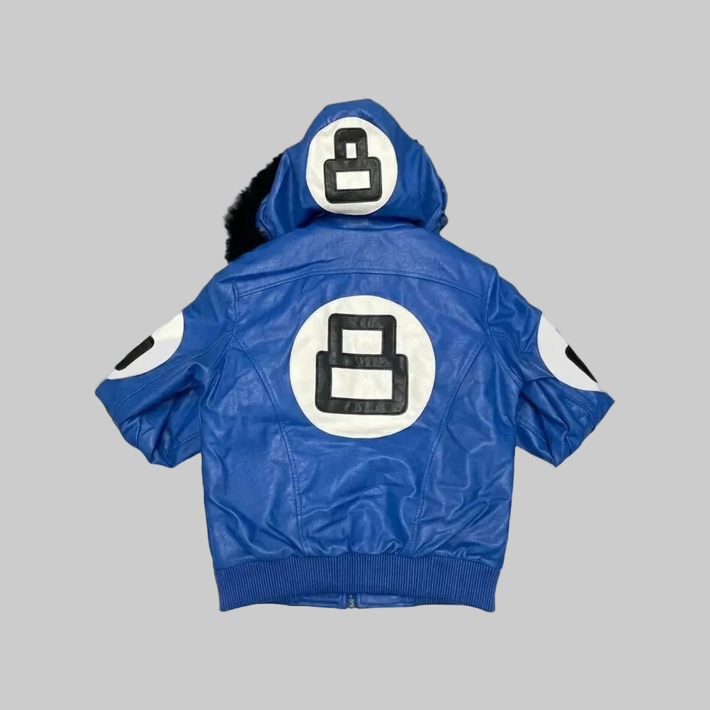 Blue Hooded Sheepskin Leather Bomber Jacket For Men