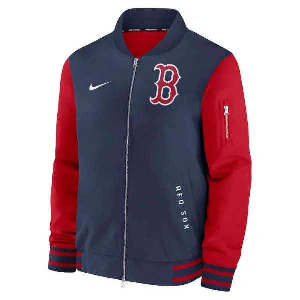 Unwind Leather Navy and red jacket with Nike logo and 'Red Sox' text on a white background