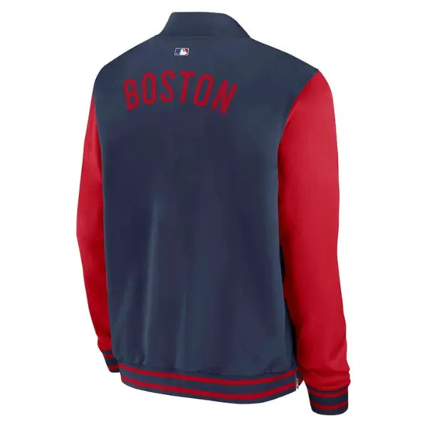 Unwind Leather Navy and red jacket with 'Boston' text on the back, featuring a baseball league logo.