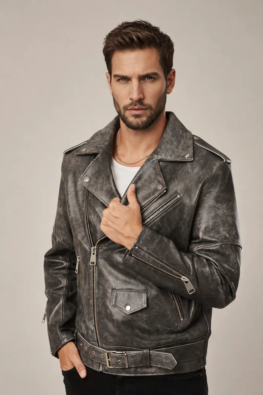Men's Gray Leather Biker Jacket