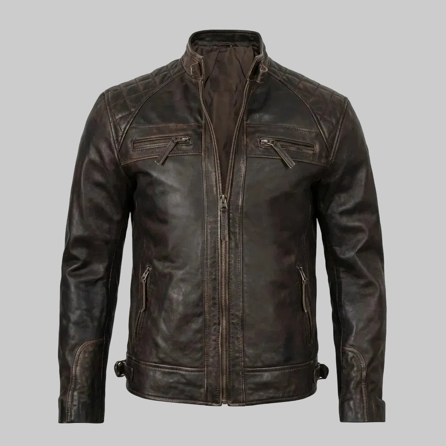 Brown Sheepskin Leather Biker Jacket For Men