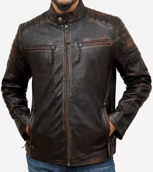 Brown Cafe Racer Leather Biker Jacket For Men