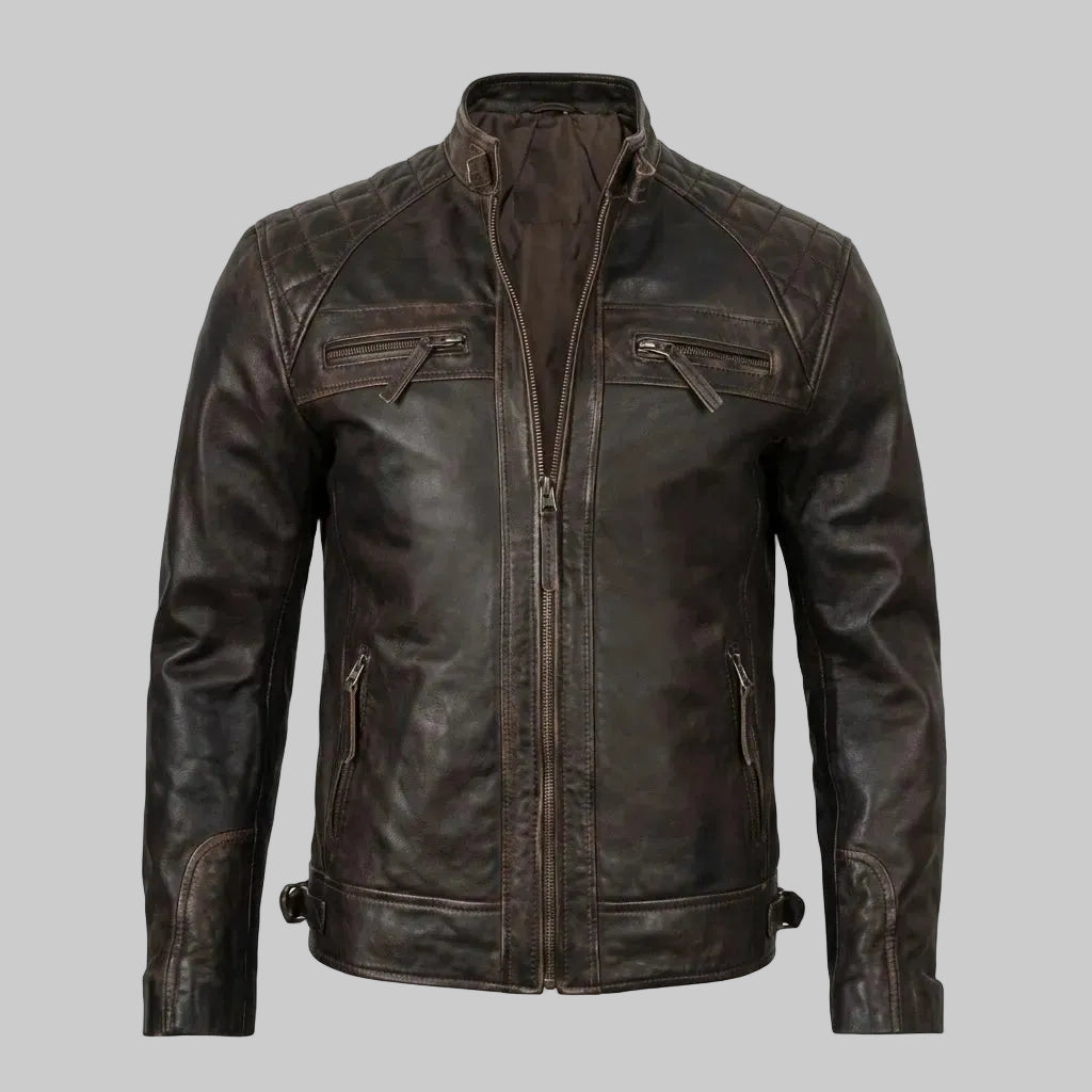 Brown Cafe Racer Leather Biker Jacket For Men