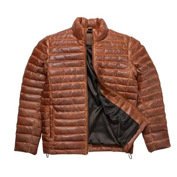 Brown Sheepskin Leather Puffer Jacket For Men 