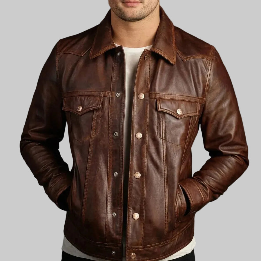 Brown Sheepskin Leather Trucker Jacket For Men