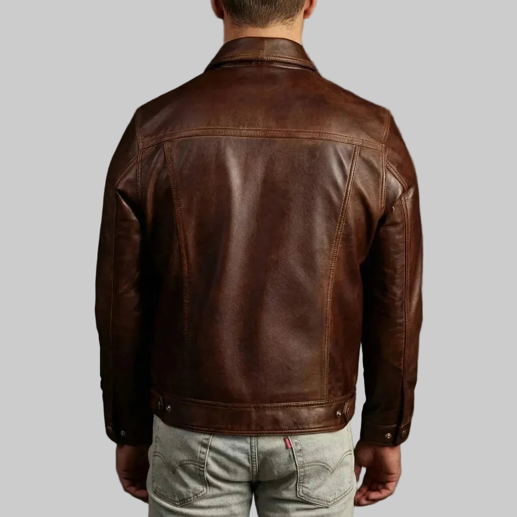 Brown Sheepskin Leather Trucker Jacket For Men
