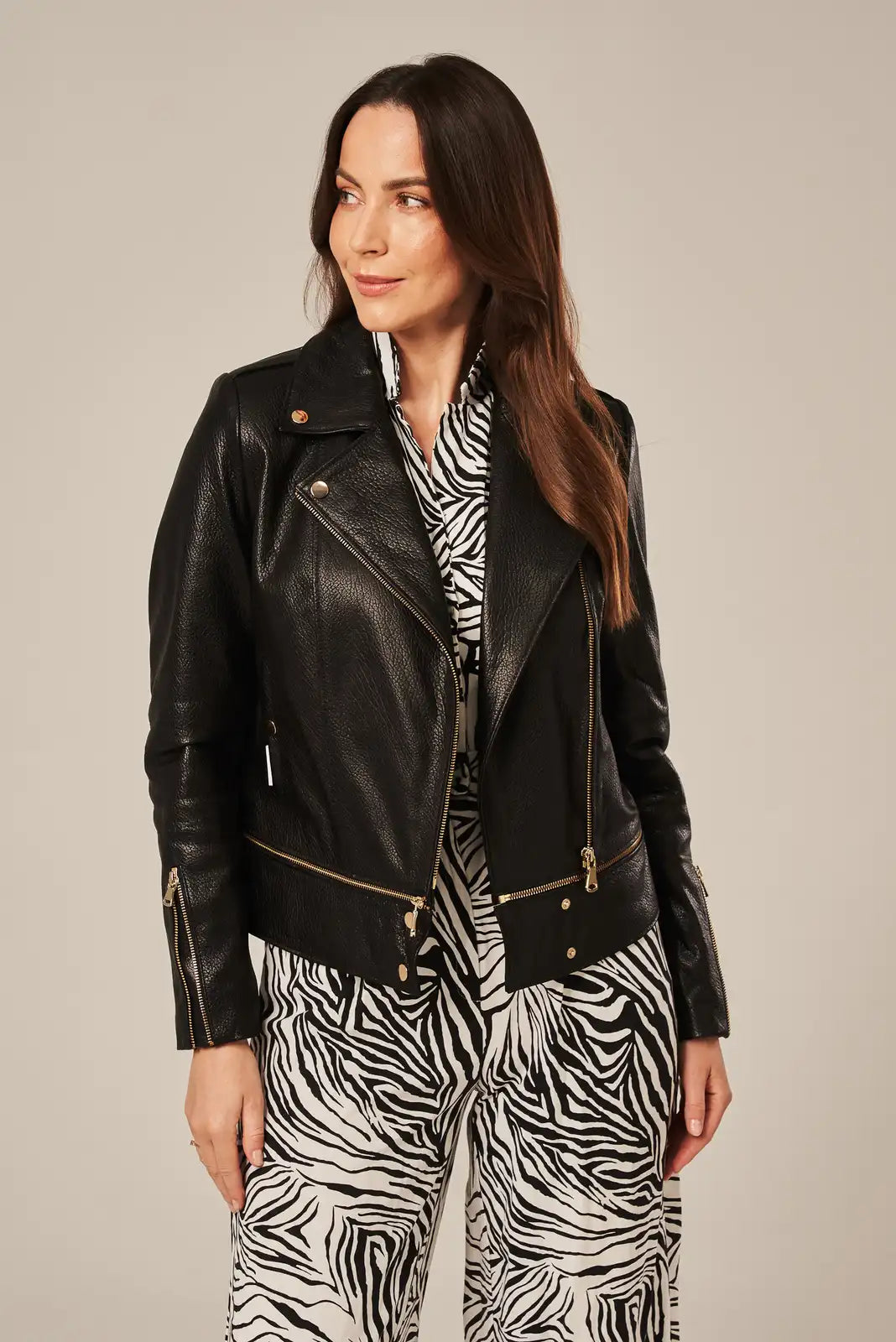 Calen - Women's Black Sheepskin Leather Biker Jacket