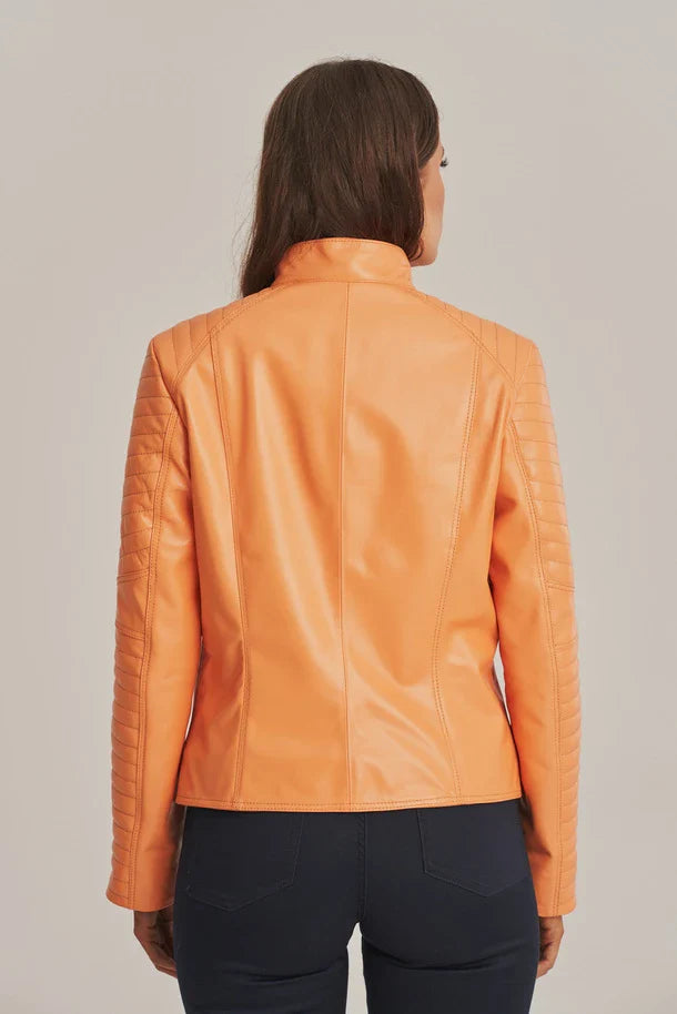 Calynne - Women's Padded Orange Sheepskin Leather Jacket