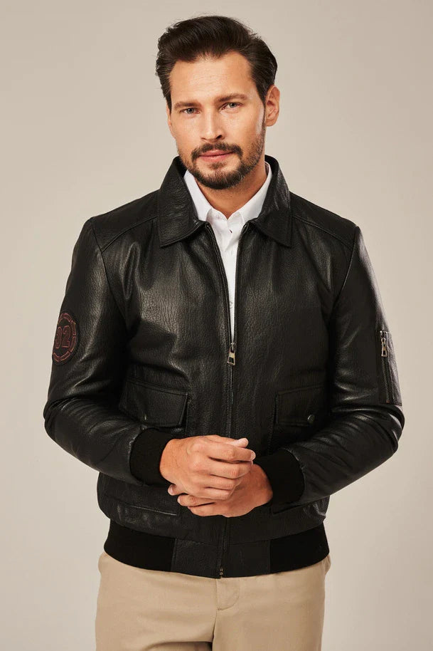 Men's Black Bomber Style Flight Leather Jacket