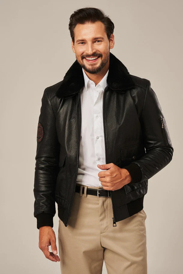 Cayden - Men's Black Bomber Style Flight Leather Jacket
