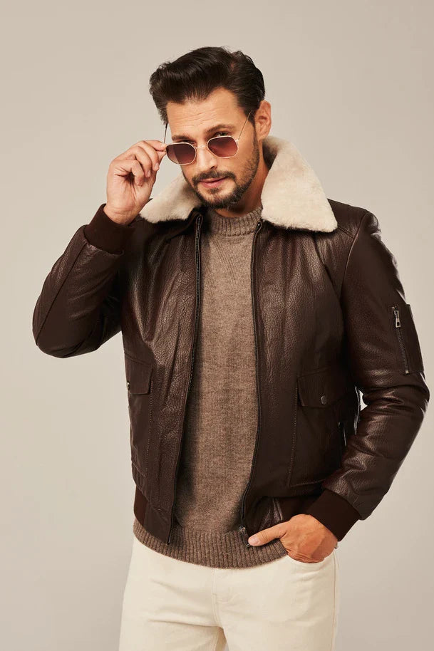 Men’s Brown Bomber Style Flight Leather Jacket
