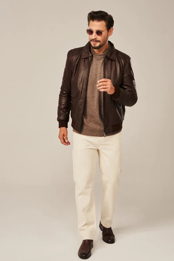 Cayden - Men's Brown Bomber Style Flight Leather Jacket