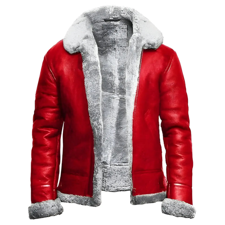 Red leather jacket with gray fur lining on a white background