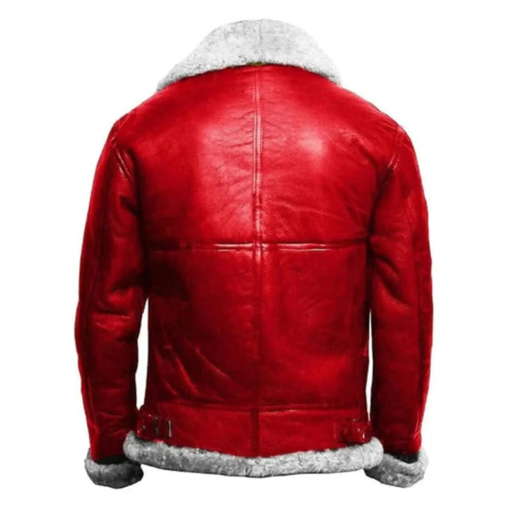 Red leather jacket with gray fur lining on a white background