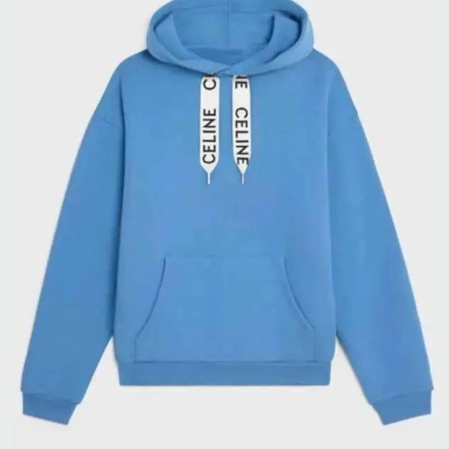 Classic Blue Fleece Pullover Hoodie with Ribbed Cuffs