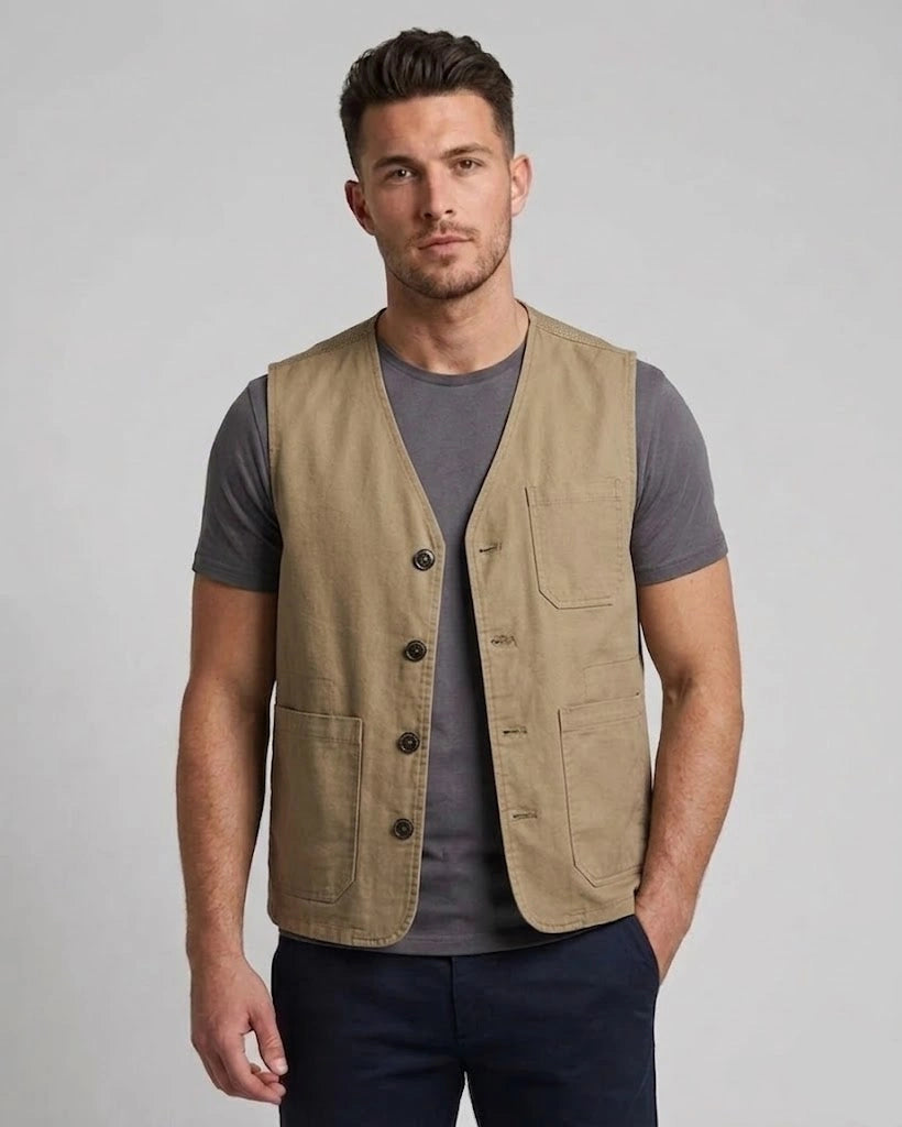Men's khaki cotton utility vest with multi-pocket front and breathable mesh back panel