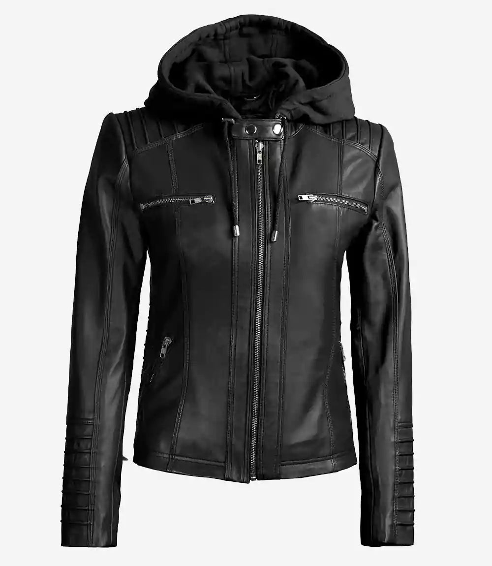 Women's Black Sheepskin Leather Jacket with Removable Hood
