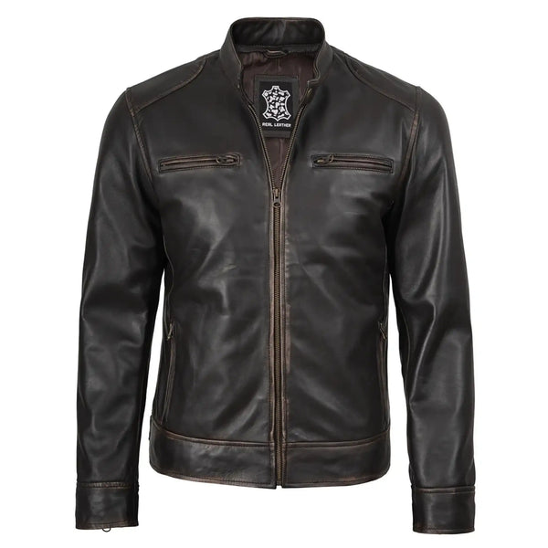 Black leather jacket with a brand logo on a white background