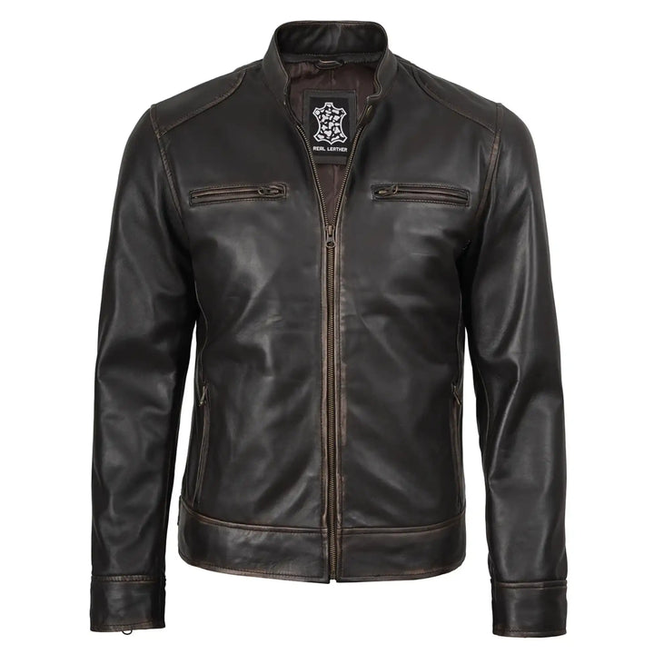 Black leather jacket with a brand logo on a white background