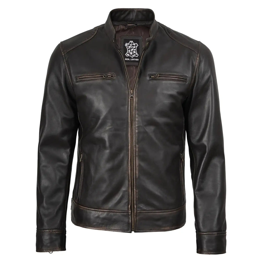 Dodge Men's Rub Off Dark Brown Cafe Racer Leather Jacket