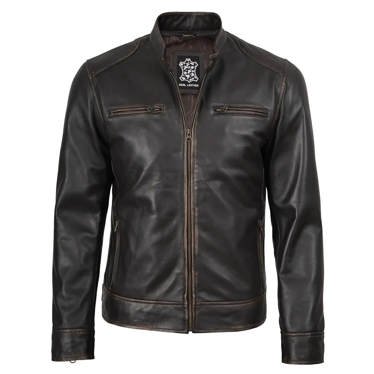 Black leather jacket with a brand logo on a white background