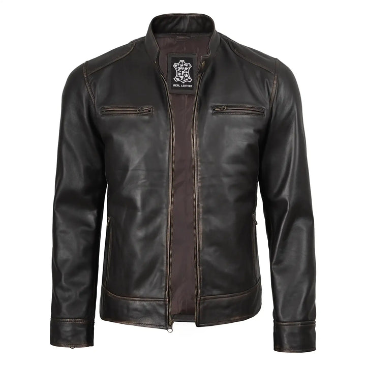 Black leather jacket with a brand logo on a white background