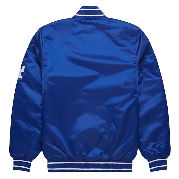 Blue satin jacket with white lettering on a white background