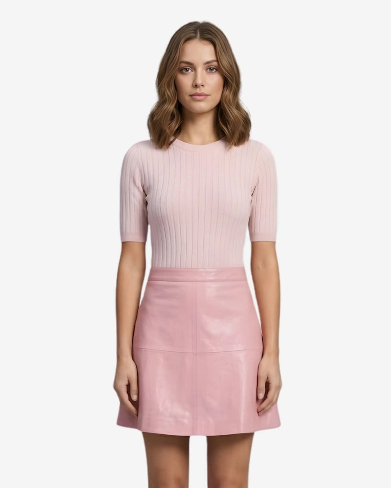 Elegant High-Waisted Pink Leather Mini Skirt for Women