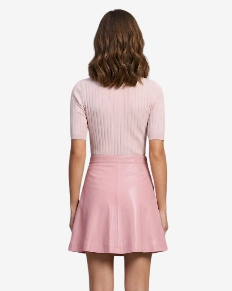 Elegant High-Waisted Pink Leather Mini Skirt for Women