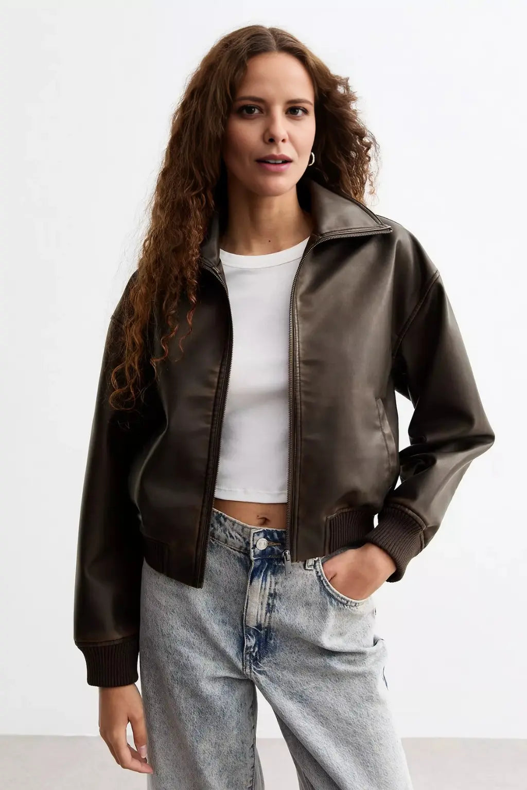 Elowen - Women's Brown Leather Bomber Jacket