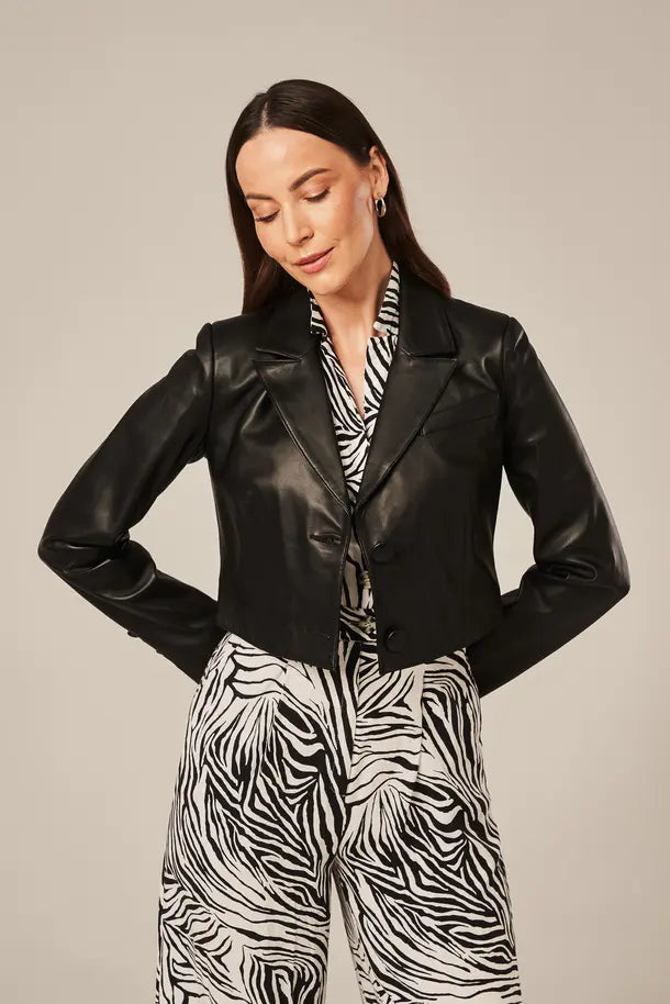 Women's Cropped Black Leather Blazer