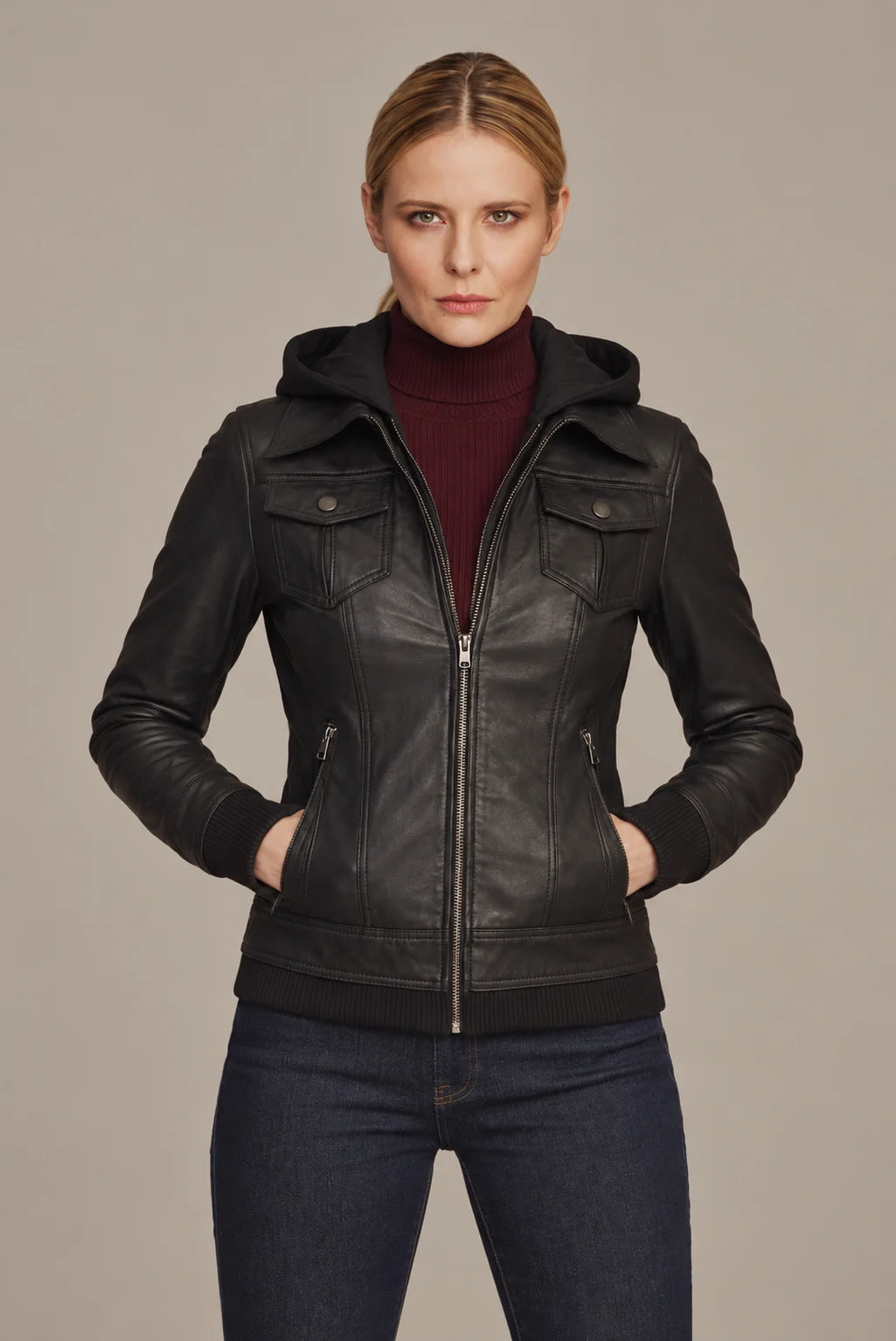 Elvaria - Women's Black Bomber Leather Jacket with Removable Hood