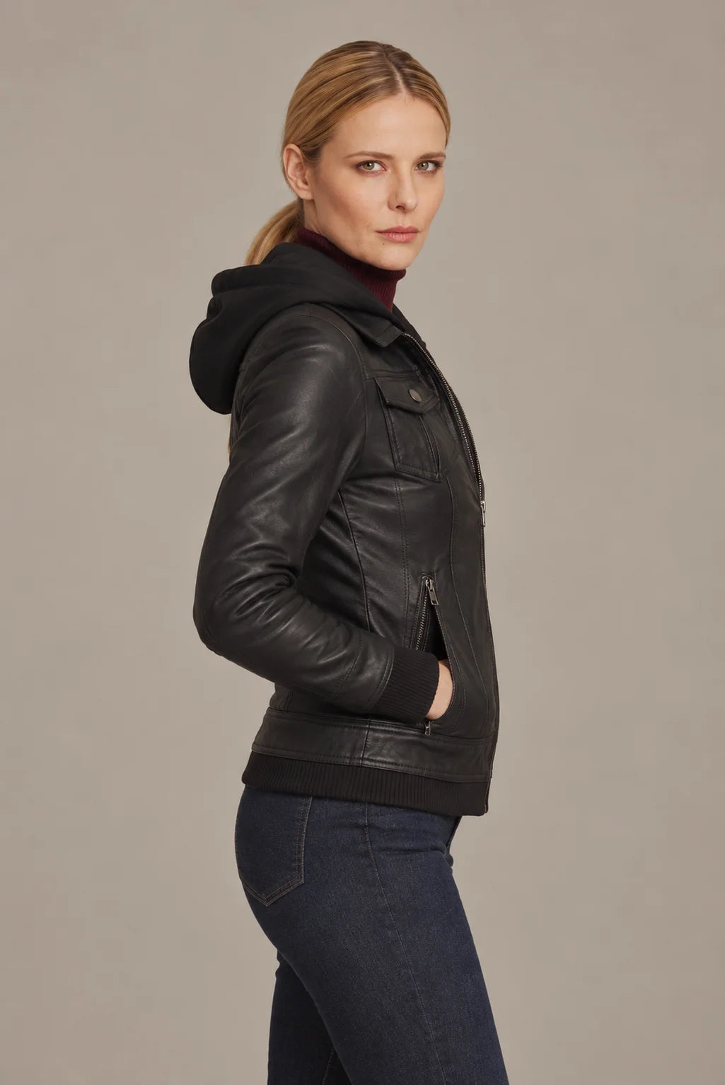 Elvaria - Women's Black Bomber Leather Jacket with Removable Hood
