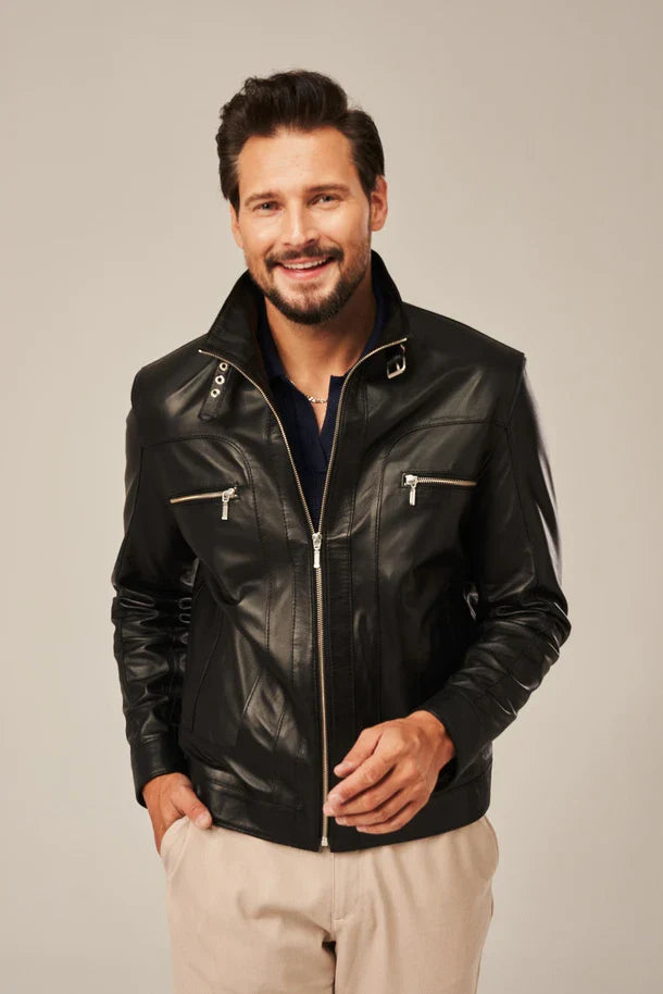 Men's Black Sheepskin Leather Moto Jacket