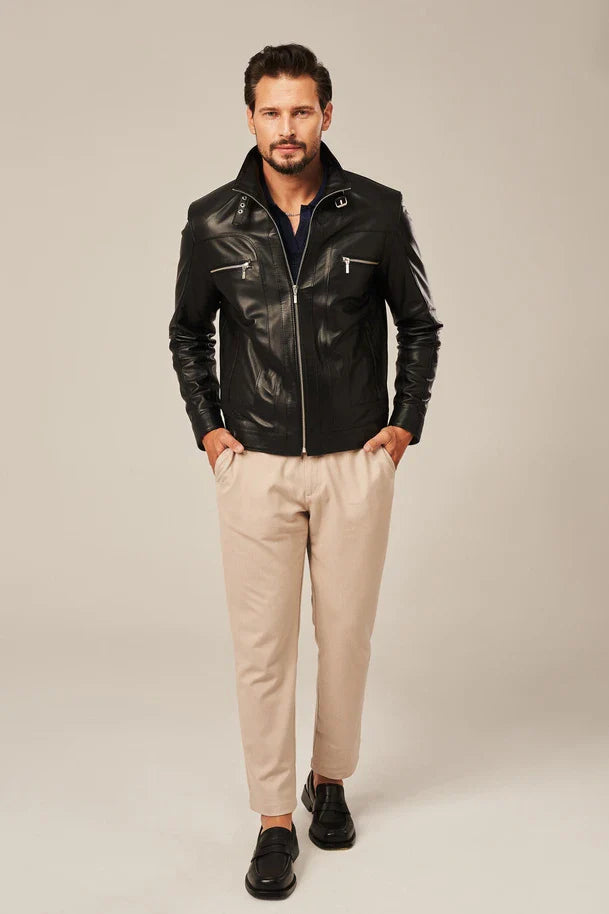 Elvric - Men's Black Sheepskin Leather Moto Jacket