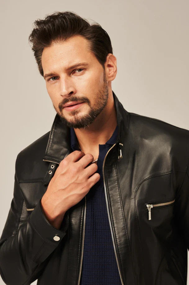 Elvric - Men's Black Sheepskin Leather Moto Jacket