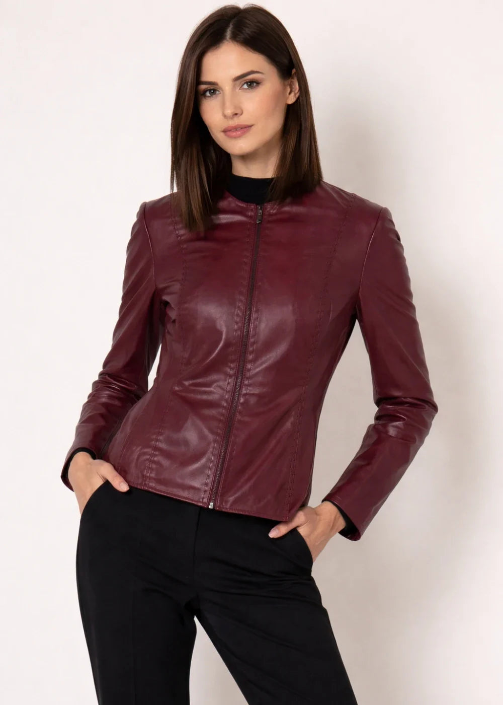 Elysia - Women’s Burgundy Leather Motorcycle Jacket