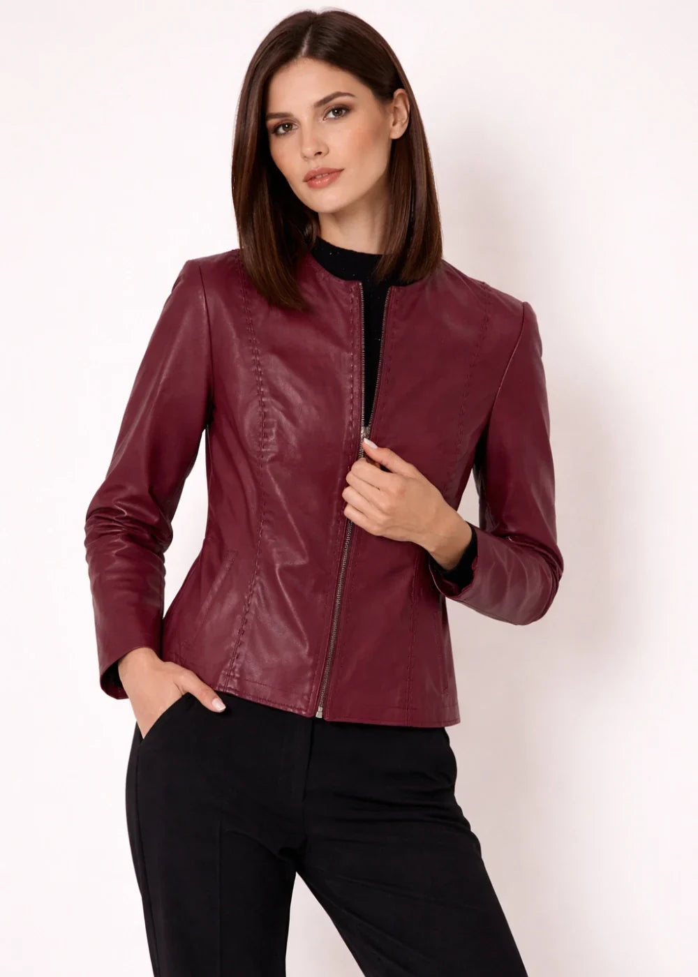 Elysia - Women’s Burgundy Leather Motorcycle Jacket