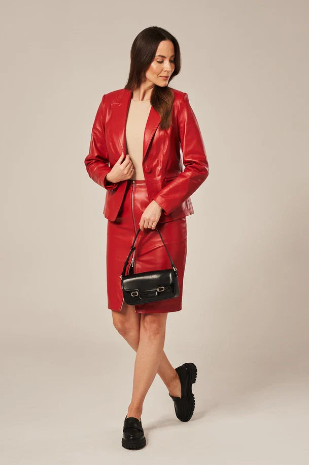 Evyra - Women's One Button Red Leather Blazer
